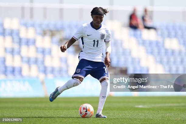 Joel Ndala of England U18 in action during the International Friendly match between England U18 and Germany U18 at Pinatar Arena on March 22, 2024 in...