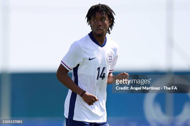 Reiss Russell-Denny of England U18 looks on during the International Friendly match between England U18 and Germany U18 at Pinatar Arena on March 22,...