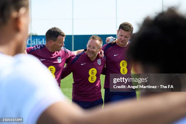 Head coach Tom Curtis of England U18 speaks to his players after the International Friendly match between England U18 and Germany U18 at Pinatar...