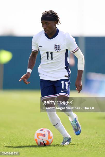 Joel Ndala of England U18 runs with the ball during the International Friendly match between England U18 and Germany U18 at Pinatar Arena on March...