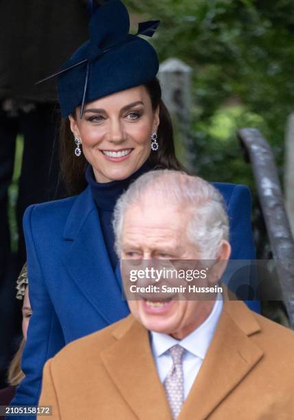 Catherine, Princess of Wales and King Charles III attend the Christmas Morning Service at Sandringham Church on December 25, 2023 in Sandringham,...