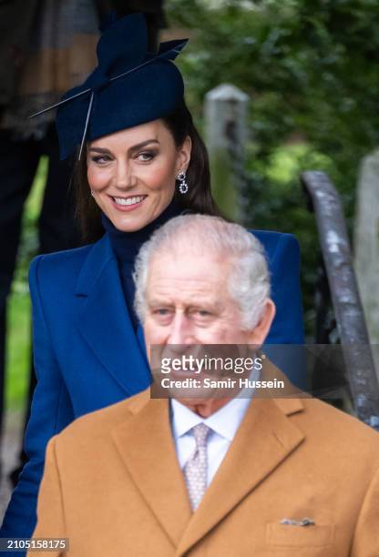 Catherine, Princess of Wales and King Charles III attend the Christmas Morning Service at Sandringham Church on December 25, 2023 in Sandringham,...