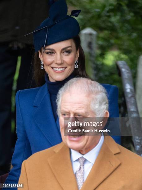 Catherine, Princess of Wales and King Charles III attend the Christmas Morning Service at Sandringham Church on December 25, 2023 in Sandringham,...