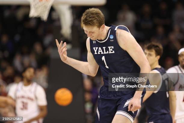 Danny Wolf of the Yale Bulldogs reacts during the second half against the Auburn Tigers in the first round of the NCAA Men's Basketball Tournament at...