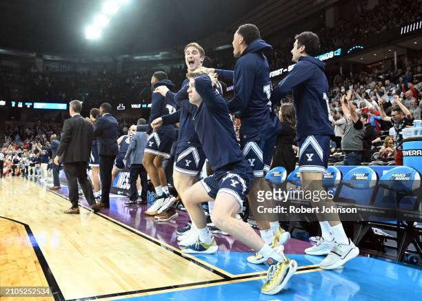 The Yale Bulldogs bench reacts during the second half against the Auburn Tigers in the first round of the NCAA Men's Basketball Tournament at Spokane...