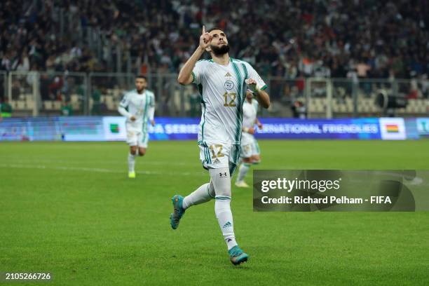 Yassine Benzia of Algeria celebrates scoring his team's second goal during the FIFA Series 2024 Algeria match between Algeria and Bolivia at Nelson...