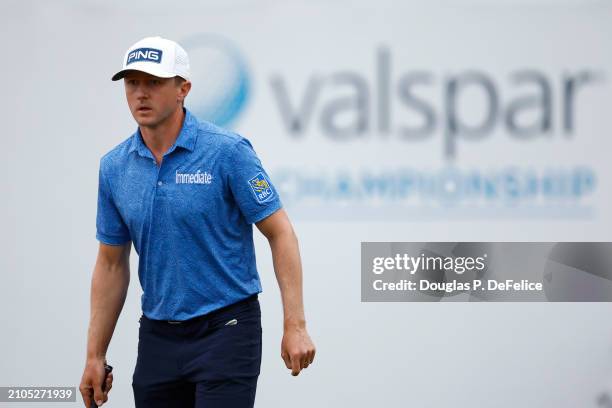 Mackenzie Hughes of Canada on the 18th green during the second round of the Valspar Championship at Copperhead Course at Innisbrook Resort and Golf...