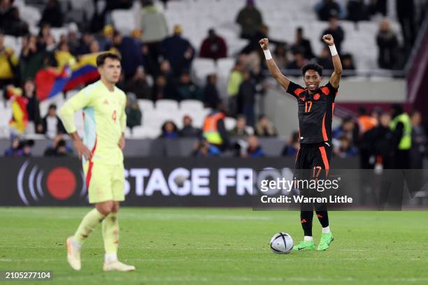 Johan Mojica of Colombia celebrates following the team's victory in the international friendly match between Spain and Colombia at London Stadium on...
