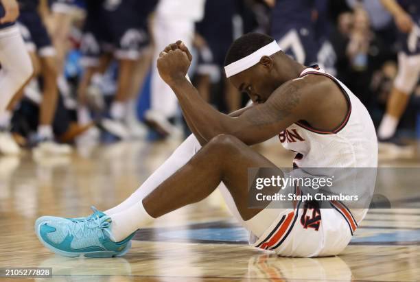 Jaylin Williams of the Auburn Tigers reacts during the second half against the Yale Bulldogs in the first round of the NCAA Men's Basketball...