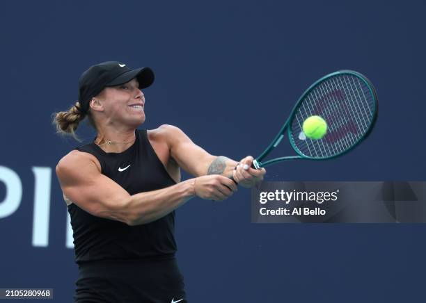 Aryna Sabalenka returns a shot against Paula Badosa of Spain during their match on day 7 of the Miami Open at Hard Rock Stadium on March 22, 2024 in...