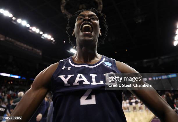 Bez Mbeng of the Yale Bulldogs reacts after a 78-76 victory against the Auburn Tigers in the first round of the NCAA Men's Basketball Tournament at...