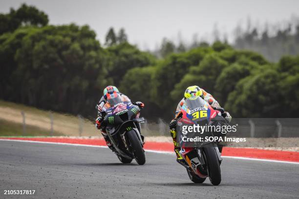 Joan Mir of Spain and Repsol Honda Team and Alex Rins of Spain and Monster Energy Yamaha MotoGP in action during the MotoGP race of Tissot Grand Prix...
