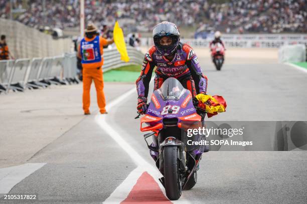 Jorge Martin of Spain and Prima Pramac Racing celebrates the victory of the MotoGP race of Tissot Grand Prix of Portugal on March 24 held at Algarve...