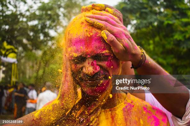 People are celebrating the festival of Holi in Kolkata, India, on March 25, 2024.