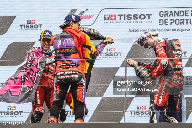 Winner Jorge Martin of Spain and Prima Pramac Racing , second-placed Enea Bastianini of Italy and Ducati Lenovo Team and third-placed Pedro Acosta of...