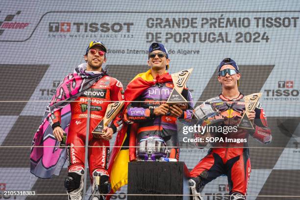 Winner Jorge Martin of Spain and Prima Pramac Racing , second-placed Enea Bastianini of Italy and Ducati Lenovo Team and third-placed Pedro Acosta of...