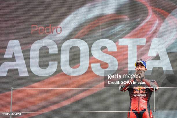 Pedro Acosta of Spain and Red Bull GASGAS Tech3 celebrates the third place in the MotoGP race of Tissot Grand Prix of Portugal on March 24 held at...
