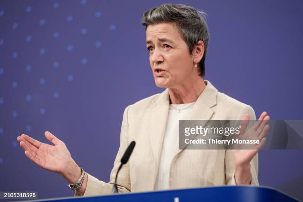 Commissioner for A Europe Fit for the Digital Age - Executive Vice President Margrethe Vestager talks to media about non-compliance investigations...