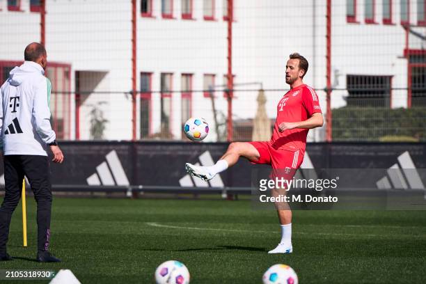 Harry Kane of FC Bayern Muenchen at Saebener Strasse training ground on March 25, 2024 in Munich, Germany.