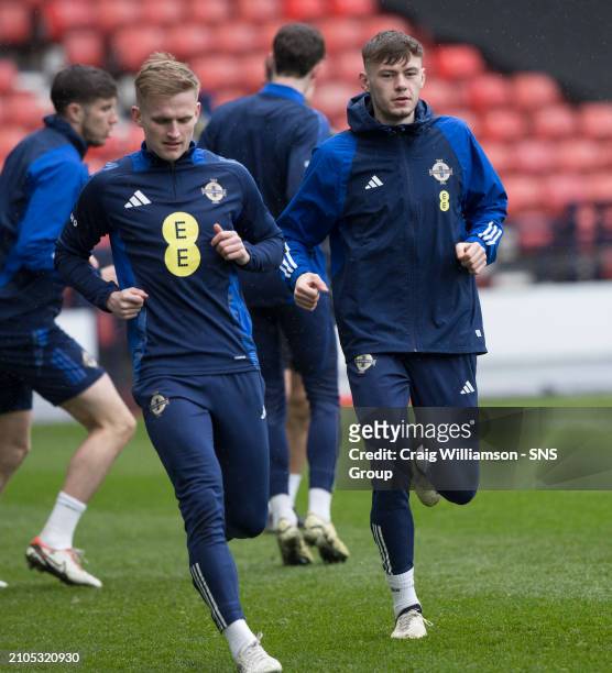 Alistair McCann and Conor Bradley during a Northern Ireland MD-1 Training Session at Hampden Park, on March 25 in Glasgow, Scotland.