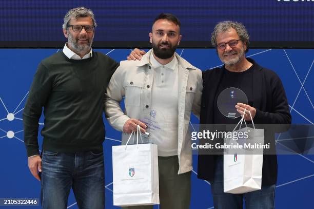 Mattia Toffolutti, Pasquale Perna and Stefano D'Ottavio during "Cronometro d'Oro" Awards at Centro Tecnico Federale di Coverciano on March 25, 2024...