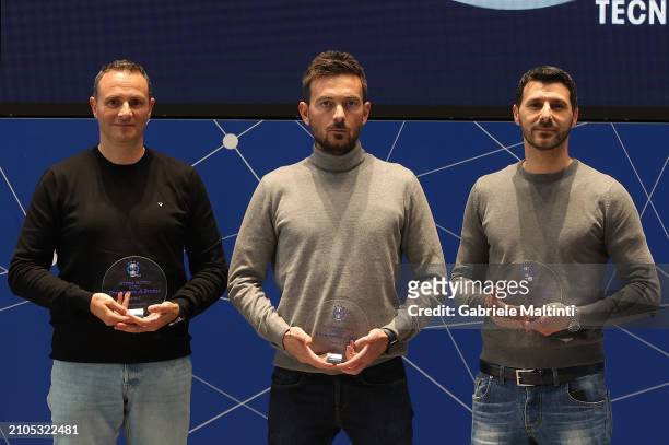 Antonio Del Fosco, Francesco Sinatti and Francesco Vaccariello during "Cronometro d'Oro" Awards at Centro Tecnico Federale di Coverciano on March 25,...