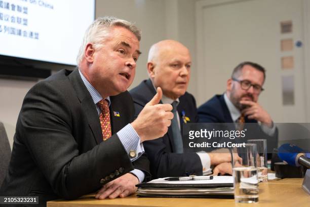 British Parliamentarians Tim Loughton, Iain Duncan Smith And Stewart McDonald, hold a press conference following allegations that China is...