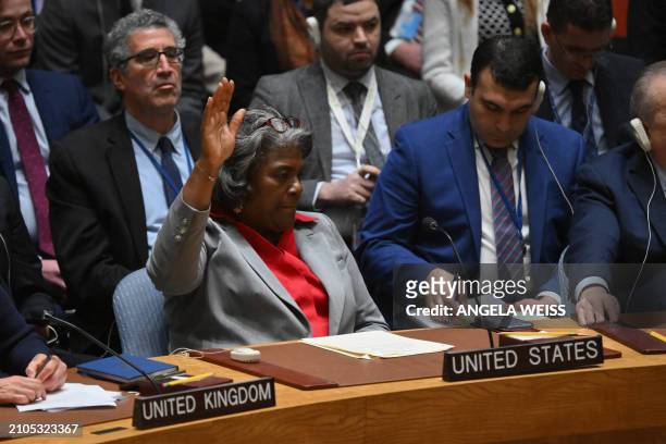Ambassador to the United Nations Linda Thomas-Greenfield votes abstain during a vote on a resolution calling for an immediate ceasefire in Gaza...