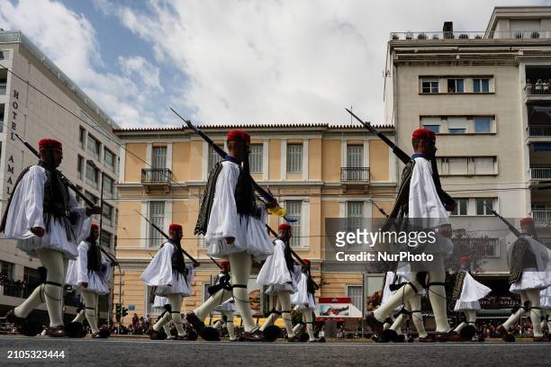 Evzones are marching during the military parade for Greece's Independence Day in Athens, Greece, on March 25, 2024.
