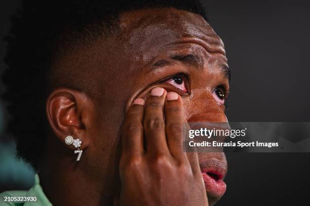 Vinicius Junior of Brazil cries while talking about racism during the press conference ahead of the friendly match between Spain and Brazil at...