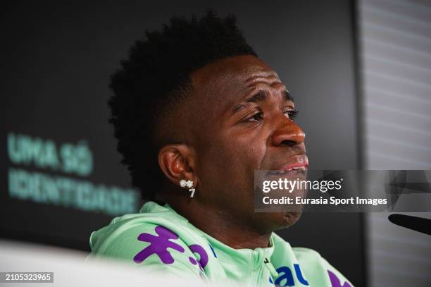 Vinicius Junior of Brazil cries while talking about racism during the press conference ahead of the friendly match between Spain and Brazil at...