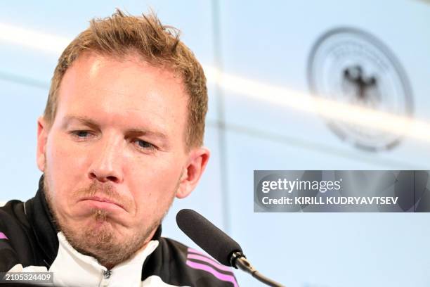 Germany's head coach Julian Nagelsmann gives a press conference ahead of a training session of Germany's national football team on March 25, 2024 in...