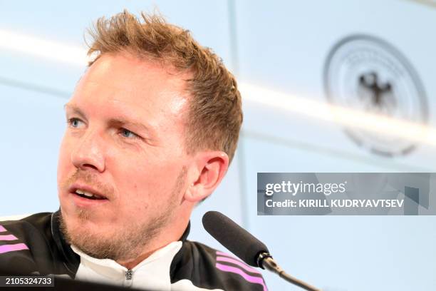 Germany's head coach Julian Nagelsmann gives a press conference ahead of a training session of Germany's national football team on March 25, 2024 in...