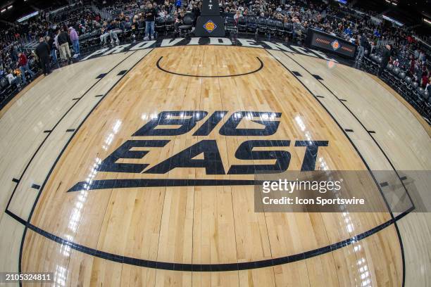 General view of the Big East logo on the court during the first round game of the National Invitational Tournament between the Boston College Eagles...