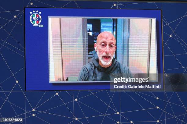 Umberto Ferrara, staff member of tennis player Jannik Sinner seen on screen during "Cronometro d'Oro" Awards at Centro Tecnico Federale di Coverciano...