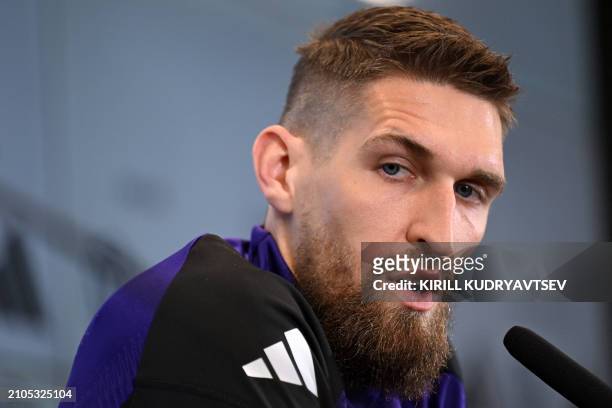 Germany's midfielder Robert Andrich gives a press conference ahead of a training session of Germany's national football team on March 25, 2024 in...