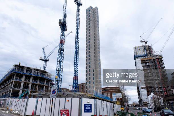 New residential apartment buildings under construction as part of a development / redevelopment close to the city centre as new tower blocks rise on...