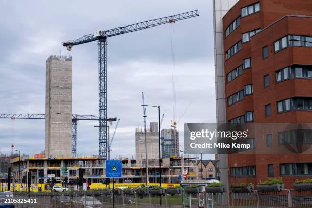 New residential apartment buildings under construction as part of a development / redevelopment close to the city centre as new tower blocks rise on...