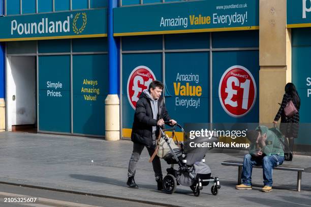 Signs outside Poundland in the city centre as the cost of living crisis continues to bite, and shoppers struggle to manage household budgets and...