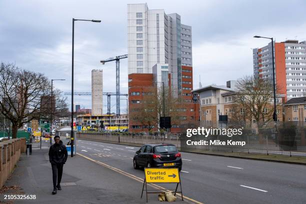 New residential apartment buildings under construction as part of a development / redevelopment close to the city centre as new tower blocks rise on...