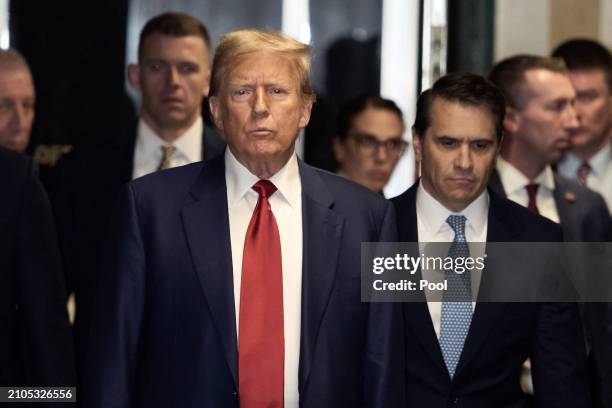 Former U.S. President Donald Trump makes comments following a pre-trial hearing in a hash money case in criminal court on March 25, 2024 in New York...