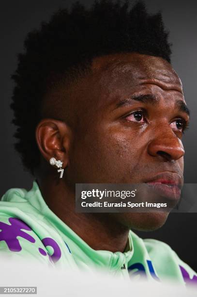 Vinicius Junior of Brazil cries while talking about racism during the press conference ahead of the friendly match between Spain and Brazil at...