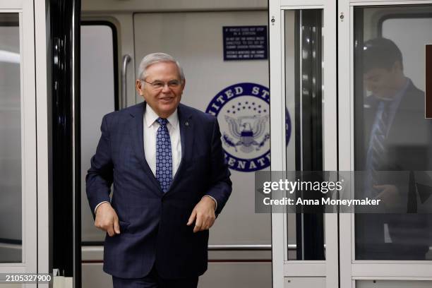 Sen. Robert Menendez walks through the Senate Subway in the U.S. Capitol on March 22, 2024 in Washington, DC. Menendez announced he would not seek...