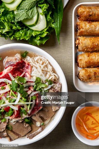 Ph c bit -rib eye, brisket, tendon & tripe rice noodle soup and phn ch giò -fried pork egg rolls served w/vegetables from Golden Deli on Friday, Nov....