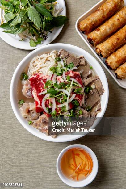 Ph c bit -rib eye, brisket, tendon & tripe rice noodle soup and phn ch giò -fried pork egg rolls served w/vegetables from Golden Deli on Friday, Nov....