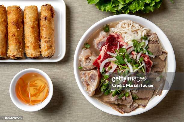 Ph c bit -rib eye, brisket, tendon & tripe rice noodle soup and phn ch giò -fried pork egg rolls served w/vegetables from Golden Deli on Friday, Nov....