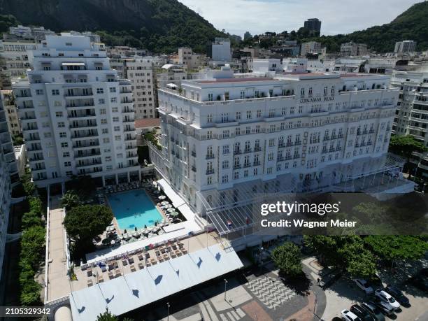 Aerial view of Copacabana Palace Hotel prior a press conference to give details of the Madonna's massive free show to be held on May 04 at Copacabana...