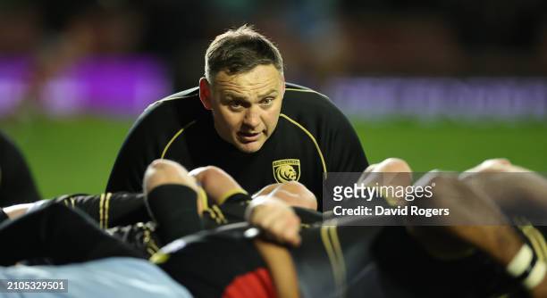 Trevor Woodman, the Gloucester scrum coach looks on prior to the Gallagher Premiership Rugby match between Leicester Tigers and Gloucester Rugby at...