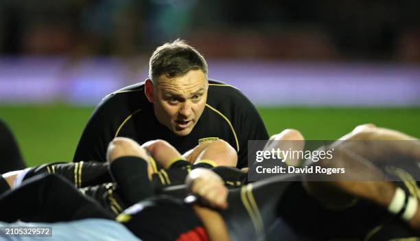 Trevor Woodman, the Gloucester scrum coach looks on prior to the Gallagher Premiership Rugby match between Leicester Tigers and Gloucester Rugby at...