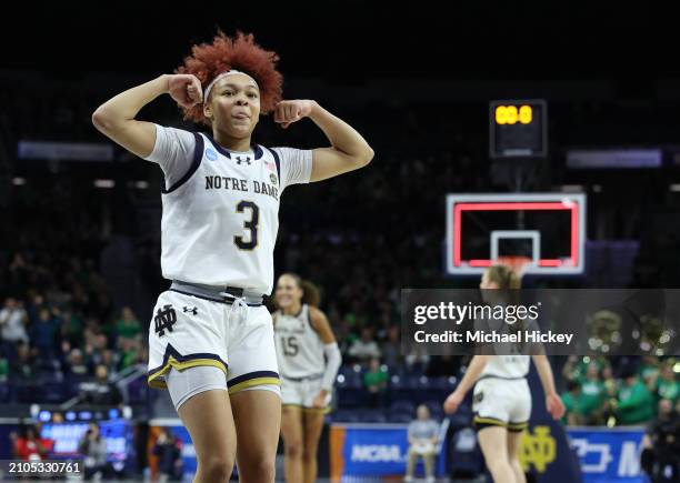 Hannah Hidalgo of the Notre Dame Fighting Irish celebrates at the half with a 17 point lead over the Ole Miss Rebels during the second round of the...